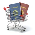 Passports in shopping cart. Paperwork to emigrate.