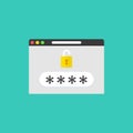 Password field with open lock in browser window vector illustration, log-in or sign in. Unlocked password bubble Royalty Free Stock Photo