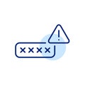 Password in input box covered by asterisks. Login protection warning, weak password risk alert. Unauthorized authentication