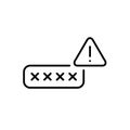 Password in input box covered by asterisks. Login protection warning, weak password risk alert. Unauthorized authentication