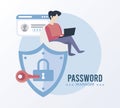 password manager theme with man using laptop and padlock in shield