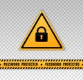 Password protected icon. Area secure lock sign isolated on background. Tape with message with message password protected. Yellow t Royalty Free Stock Photo