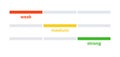 Password security bar. Loading status bar. Weak, medium, strong statuses. Visualization of password complexity. Color