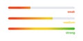 Password security bar. Loading status bar. Weak, medium, strong statuses. Visualization of password complexity. Gradient