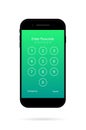 Password for unlock in phone screen. Numeric passcode in smartphone. Number of pin code for security. UI of cellphone. Template of