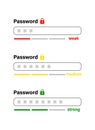 Password weak, medium and strong bar icon. Digital cyber security. Authorization window, login for entering in account or email.