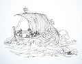 Vector drawing. Sailors on a ship in a storm