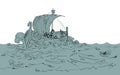 Vector drawing. Sailors on a ship in a storm