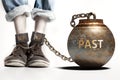 Past can be a big weight and a burden with negative influence - Past role and impact symbolized by a heavy prisoner`s weight Royalty Free Stock Photo