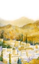 Watercolor landscape. Old city in a valley between the mountains