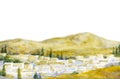 Watercolor landscape. Old city in a valley between the mountains Royalty Free Stock Photo