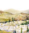 Watercolor landscape. Old city in a valley between the mountains Royalty Free Stock Photo