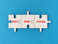 Past now future puzzle concept, white jigsaw puzzle connecting together on blue background, past now future concept Royalty Free Stock Photo