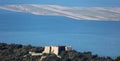 Castle in mountain with modern airport at Nice French riviera, Mediterranean coast, Eze, Saint-Tropez, Cannes and Monaco. Royalty Free Stock Photo