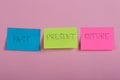 "Past, present, future", the phrase is written on colorful stickers on pink background Royalty Free Stock Photo