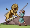 Vector drawing. An angry lion steal sheep Royalty Free Stock Photo