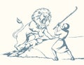 Vector drawing. An angry lion steal sheep Royalty Free Stock Photo