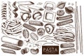 Kitchen collection of traditional Italian pasta with names. Hand drawn food sketch set. Vintage illustration for cafe or restaura