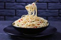 Pasta Aglio, Olio e Peperoncino on a fork Royalty Free Stock Photo