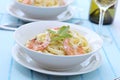 Pasta Alfredo with grilled shrimps Royalty Free Stock Photo