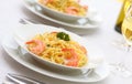 Pasta Alfredo with grilled shrimps Royalty Free Stock Photo