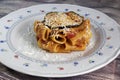 Pasta alla Norma with aubergines and sheep ricotta Royalty Free Stock Photo