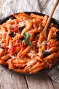 Pasta alla Norma with eggplant and tomatoes close-up. vertical Royalty Free Stock Photo