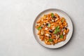 Pasta alla Norma. Traditional Italian dish with eggplant, tomato sauce, ricotta cheese and basil in plate on concrete background Royalty Free Stock Photo