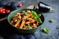 Traditional Italian Pasta alla Norma with eggplant, tomato, cheese and basil