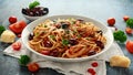 Pasta Alla Puttanesca with garlic, olives, capers, tomato and anchois fish Royalty Free Stock Photo