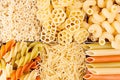Pasta background assortment of different kinds italian macaroni in chess cells top view.