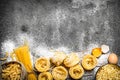 Pasta background. Cooking different types of pasta. Royalty Free Stock Photo