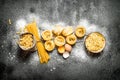 Pasta background. Cooking different types of pasta. Royalty Free Stock Photo