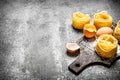 Pasta background. Cooking homemade pasta with egg and flour. Royalty Free Stock Photo
