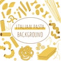 Pasta background. Doodle framing of different types of Italian traditional pasta, restaurant or cafe menu with raw