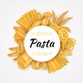 Pasta background. Realistic Italian cuisine dry macaroni types, raw wheat food and flour products. Vector 3D organic