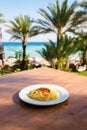 Pasta on the background of the sea. Royalty Free Stock Photo