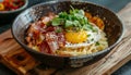 Pasta with bacon and fried egg. AI generated.