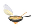 Pasta with Bacon Slices in Frying Pan on Burner and Egg Liquid Pouring Inside as Carbonara Cooking Step Vector