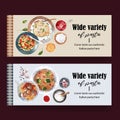 Pasta banner design with various pastas, ingredients watercolor illustration