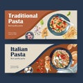 Pasta banner design with various pastas watercolor illustration