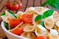 Pasta with basil, tomatoes and italian cheese called mozzarella Royalty Free Stock Photo