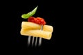 Pasta in black background. Rigatoni, tomato and basil on fork. Italian cuisine concept