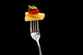 Pasta in black background. Rigatoni, tomato and basil on fork. Italian cuisine concept.