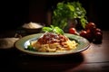 pasta bolognese with basil in plate on dark background. Rustic style Royalty Free Stock Photo