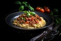 pasta bolognese with basil in plate on dark background. Rustic style Royalty Free Stock Photo