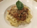 Pasta Bolognese with cheese . Delicious