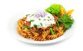 Pasta Bolognese Lentil Curry Sauce ontop Yogurt Sauce and leaf mint Royalty Free Stock Photo