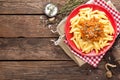 Pasta bolognese. Pasta served with a sauce of ground beef meat, tomato, onion, carrot and thyme Royalty Free Stock Photo