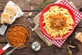 Pasta bolognese. Pasta served with a sauce of ground beef meat, tomato, onion, carrot and thyme Royalty Free Stock Photo